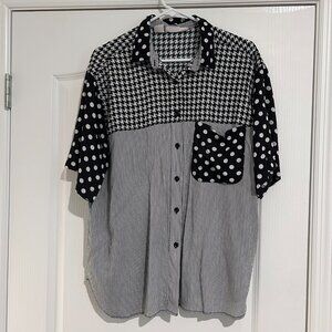 Vintage Eve Ltd 1980's Polka Dot Stripe Button Up Short Sleeve Top 18W Poland